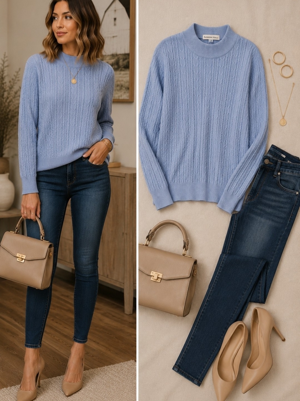 100% Cashmere Cable Knit Mock Neck Sweater Blue Medium Soft Luxury Old Money